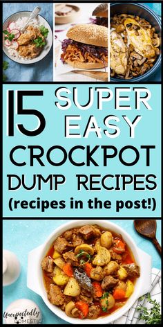 the cover of 15 dump and go crockpot recipes in the postcard style