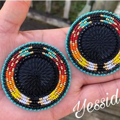 Unique Colorful Beaded Round Earrings, Artisan Bead Cap Earrings, Unique Beaded Earrings With Bead Caps, Unique Beaded Earrings With Black Beads, Adjustable Beaded Clip-on Earrings With Round Beads, Powwow Regalia, Beautiful Beaded Earring, Native Beading, Stitch Earrings