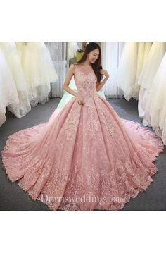 V-neck Illusion 3 4 Length Sleeve Sweep Train Lace Tulle Ball Gown Wedding Dress - Dorris Wedding V-neck Tulle Gown For Debutante Ball, Tulle V-neck Gown For Debutante Ball, Pink Lace Ball Gown For Wedding, Pink Lace Wedding Ball Gown, Pink Wedding Gown With Sweep Train, Pink Lace Bodice Evening Dress For Wedding, Pink Lace Bodice Ball Gown For Wedding, Pink Lace Wedding Gown, V-neck Tulle Evening Dress For Wedding