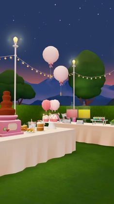 a table set up for a party with balloons and desserts on it at night