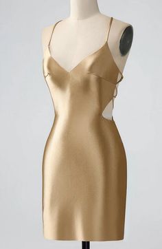 Knee-length Satin Mini Dress For Homecoming, Chic Homecoming Mini Dress, Chic Mini Dress For Homecoming, Elegant Mini Dress For Homecoming, Chic Satin Knee-length Mini Dress, Chic Knee-length Homecoming Dress, Gold Sheath Mini Dress, Gold Fitted V-neck Slip Dress, Chic Knee-length Homecoming Mini Dress