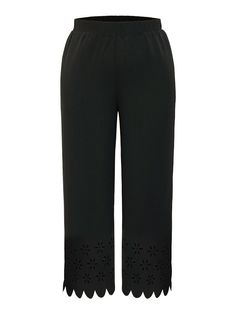 Shop Plain Pocket Laser Cut Pants now and redefine your style with confidence at BloomChic. Tailored for mid and plus-size women. This trendy Bottoms Women, sizes 10-30. Season:Summer;Color:Black;Style:Elegant;Waist Design:High Rise;Pattern Type:Plain;Details:Scalloped, Cut-Out, Plain;Pocket:It is perfectly sized to carry a phone.;Belt:No-belt;Closure Type:Elastic Waist Black Wide-leg Summer Capris, High Waist Black Capris For Summer, Trendy Bottoms, Summer Color, Womens Clothing Sizes, Black Style, Summer Colors, Style Elegant, Body Measurements