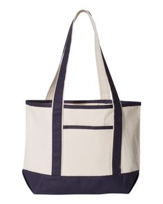 20L Small Deluxe Tote - NATURAL/ NAVY - ONE SIZE | Q-Tees 20L Small Deluxe Tote Bag in Natural/Navy Blue | Canvas Branded Tote Bags, Tee Bag, Shopping Totes, Pocket Handbag, Embroidered Tote Bag, Embroidered Tote, Blue Tote, Zippered Tote, Blue Canvas