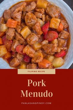 pork menu with potatoes and carrots in a white bowl