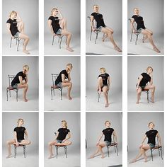 a woman sitting in a chair and posing for different pictures with her legs spread out