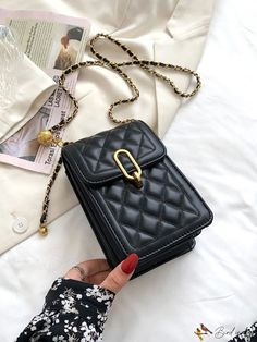 BirdinBag - Compact Quilted Phone Bag with Chain Strap Trendy Crossbody Phone Bag With Chain Strap, Trendy Chain Pouch Bag, Trendy Satchel Phone Bag With Chain Strap, Trendy Travel Bags With Chain Detail, Trendy Travel Bag With Chain Detail, Square Bag With Gold Chain For Daily Use, Chic Travel Phone Bag With Chain Strap, Square Shoulder Bag With Chain For Everyday Use, Trendy Travel Shoulder Bag With Chain