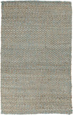 a blue and white rug with small squares on the bottom, in different shades of green