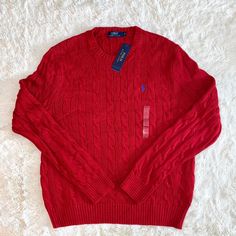 Brand New!!!! Classic Red Long Sleeve Sweater, Red Cotton Cable Knit Sweater, Red Cable Knit Cotton Sweater, Grey Quarter Zip, Casual Turtleneck, Sweater Vest Mens, Polo Ralph Lauren Sweater, Pullover Sweater Men, Lambswool Sweater