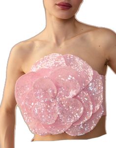 Glamorous Strapless Sequin Fabric For Summer, Pink Bandeau Top For Parties, Glamorous Sequined Summer Tube Top, Spring Strapless Sequin Tops, Strapless Sequin Tops For Spring, Glamorous Sequined Tube Top For Summer, Spring Party Sequin Tube Top, Summer Sequined Bandeau Tops, Sequin Bandeau Top For Summer