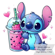 a cartoon character holding a drink next to a strawberry smoothie in a glass with strawberries on it