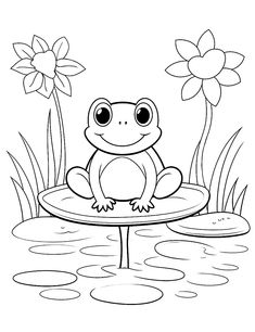 a frog sitting on top of a lily pad in the water with flowers behind it