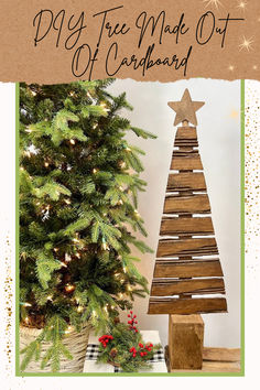 a christmas tree made out of wooden planks with the words diy tree made out of cardboard