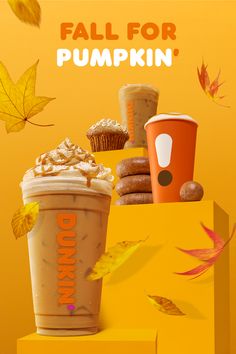 an advertisement for dunkin'donuts and coffees with fall leaves around it