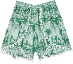 These hip green and white shorts can be much-needed wear to beat the summer heat in style.  With their lightweight and airy feel, they are ideal for the beach or to take along on a vacation. #tlb #JuniorPetite #vacationclothing #beachwrap #HippieShorts #BeachShorts #ElephantShorts Bohemian Shorts For Summer Beach Outings, Bohemian Shorts For Beach Vacation, Bohemian Beach Shorts For Summer, Green Summer Pajama Shorts With Elastic Waistband, Green Pajama Shorts For Vacation, Green Beach Shorts For Summer, Green Vacation Pajama Shorts, Beachy Shorts For Beach Season Festivals, Beachy Shorts For Festival