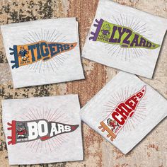 four t - shirts with different logos on them