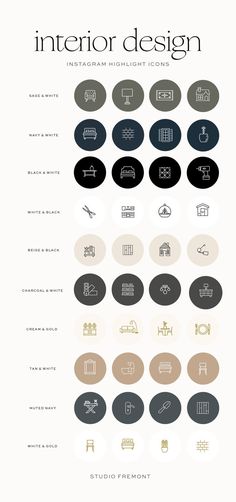 the interior design info sheet is shown in black, white and gold colors with different types of furniture