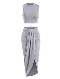 PRICES MAY VARY. ▶Features:Women's crewneck crop tops and wrap draped midi skirt set with sleeveless style,sexy side slit two piece tank dress set,elegant frontal ruched design,comfortable calf length,a soft fitting cover ups. ▶Recommended Suiting:Easy to dress up or down, can wear the pieces separately, not only you can wear top alone,and then match other bottom,like jeans,skirts,shorts,but also can wear midi skirt alone,and then match other tops,bikinis,very versatile. ▶Occasions:The two piece dress outfits is suitable for cocktail party, daily hangout, wedding, travel, vacation, dating, and casual gatherings etc.which fits well with necklace,sandals,and etc. ▶Friendly Tips: Machine wash available,Hand wash with cold water recommended. Wash with same colour clothes. Wrinkle can be recove Twist Skirt, Split Front Skirt, Summer Two Piece Outfits, Twisted Skirt, Rock Outfit, Bodycon Maxi Dresses, Maxi Robes, Asymmetrical Skirt, Maxi Skirts