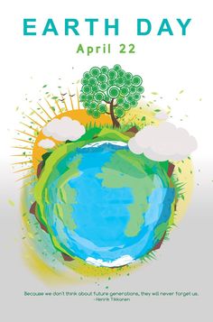 an earth day poster with trees and clouds