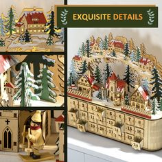 a collage of christmas scenes with wooden buildings and trees