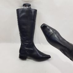 Introducing these rare black leather square toe boots in genuine leather. These beautiful boots are made in a classic 90's style. The soft leather makes these boots very comfortable. You will be noticed immediately, standing out among the rest, at any event. These boots are made with imitation laces along the entire length of the shank, very original. Thanks to the elastic at the top, it fits the shin well. One of a kind, not a big stable heel. These boots are a vintage accessory. Limited editio Gothic Leather Mid-calf Boots For Fall, Gothic Fitted Boots For Fall, Fitted Gothic Boots For Fall, Gothic Leather Lace-up Boots With Pointed Toe, Gothic Leather Heeled Boots For Winter, Black Western Knee-high Boots With Square Toe, Gothic Knee-high Lace-up Boots, Gothic Fitted Knee-high Lace-up Boots, Gothic Leather Knee-high Boots For Winter