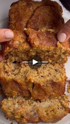 someone is holding up some food on a white plate with the words apple banana bread