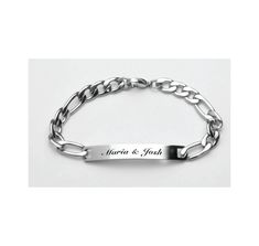 "This engraved silver stainless steel bracelet can be personalized with names, initials and a secret message on the back. This personalized bracelet is the perfect gift for that special person! Show your memento of love and adoration. Let your sweetheart know just how much you care about them. . It is the ideal present for your anniversary, Valentine's Day or Christmas; or just any day to say \"I love you.\" Finish: High Polished Stainless Steel Clasp Type: Lobster Link Style: Figaro Plaque Dimensions: 1.25\" x 0 .1/4\" Bracelet Length: 7 1/2 or 8 inches  (please measure wrist prior to purchase let us know the size ) Upon purchase you can send the text you would like engraved along with the font style in a message. If the engraving is too long or needs to be revised in any way, you will be Personalized Metal Name Bracelet As Gift, Personalized Metal Name Bracelet Gift, Elegant Stainless Steel Nameplate Bracelet, Elegant Stainless Steel Name Bracelet, Minimalist Stainless Steel Name Bracelet, Personalized Laser Engraved Stainless Steel Jewelry, Personalized Metal Name Bracelet, Classic Stainless Steel Name Bracelet Gift, Elegant Personalized Stainless Steel Charm Bracelet