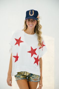 ALL STAR SHORT SLEEVE PULLOVER gameday23 Judith March SMALL RED STAR Oversized Star Print Summer Tops, Trendy Star Print Summer Tops, Trendy Star Print Tops For Summer, Trendy Spring Star Print Top, Trendy Spring Top With Star Print, Crew Neck Tops With Star Logo For Summer, Casual Relaxed Fit Tops With Star Print, Casual Summer Tops With Star Logo, Summer Crew Neck Top With Star Print