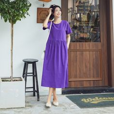 "Size Chart :  It is the garment's measurements, Not body measurements . Size XS: Bust: 88cm/34.6\",  Length: 112cm/44\" , Shoulder: 38cm/15\", Sleeve Length: 26cm/10.3\" Size S: Bust: 94cm/37\" ,  Length: 112cm/44\" , Shoulder: 38cm/15\", Sleeve Length: 26cm/10.3\" Size M: Bust: 98cm/38.6\",  Length: 112cm/44\" , Shoulder: 39cm/15.4\", Sleeve Length: 26cm/10.3\" Size L: Bust: 108cm/42.5\" ,  Length: 112cm/44\" , Shoulder: 40cm/15.8\" , Sleeve Length: 26cm/10.3\" Size XL: Bust: 118cm/46.5\",  Length: 112cm/44\" , Shoulder: 42cm/16.5\", Sleeve Length: 26cm/10.3\" Size XXL: Bust: 128cm/50.5\" ,  Length: 112cm/44\" , Shoulder: 44cm/17.3\", Sleeve Length: 26cm/10.3\" Size 3XL: Bust: 138cm/54.5\" ,  Length: 112cm/44\" , Shoulder: 46cm/18.2\", Sleeve Length: 26cm/10.3\" Size 4XL: Bust: 148cm/58. Cotton Non-stretch Solid Color Midi Dress, Cotton Shift Midi Dress In Solid Color, Purple Solid Color Midi Dress For Summer, Summer Purple Solid Midi Dress, Summer Purple Solid Color Midi Dress, Knee-length Solid Color Cotton Dress, Solid Color Shift Dress Midi Length, Cotton Shift Dress In Solid Color, Cotton Shift Dress With Maxi Length