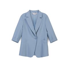 Crafted from exquisite bellflower blue fabric, this blazer exudes a delicate yet intellectual charm, making a statement with its sophisticated allure and distinctive style. Featuring a tailored silhouette, this blazer is designed for versatility and elegance. The elongated cut adds a touch of modern flair, while the diagonal lapel and cuffed sleeves create a harmonious balance, enhancing the overall slimming effect. Whether worn as a stylish suit ensemble or paired with other bottoms, this blazer offers endless styling possibilities. Its inherent chicness effortlessly elevates any outfit, making it a versatile and essential addition to your wardrobe. Elegant Spring Blazer With Lapel Collar, Elegant Lapel Collar Blazer For Spring, Spring Single Button Suits, Elegant Spring Blazer With Hidden Button Closure, Elegant Spring Blazer For Workwear, Blue Semi-formal Blazer For Spring, Elegant Spring Blazer For Work, Blue Semi-formal Spring Blazer, Elegant Tailored Spring Blazer