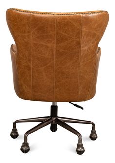 a brown leather office chair with wheels