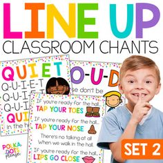 a set of four classroom posters with the words line up in different colors and styles