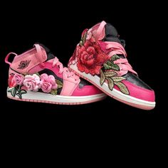 Customized Jordan 1's With Flowers And Rose Patches Jordan 1 Colors, Jordan Pink, Jordans Shoes, Rose Patch, Shoes Jordan, Jordan 1s, Kids Jordans, Jordan Shoes, Pink Black