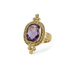 Inspired by the alluring designs of antique jewelry styles, the Juno Amethyst Ring is cast from 18 kt gold over sterling silver and set with a genuine 14mm. rectangular faceted Amethyst cabochon that is bezel-set in a handmade twisted frame. Understated and elegant, this 100% handmade in Italy 18 kt Gold Over Sterling Silver ring is perfect to be stand out of the crowd on any special occasion. Presented in a Vintouch Italy signature packaging. Vintouch Jewelry pieces are extremely resistant and Luxury Yellow Gold Amethyst Ring With Bezel Setting, Classic Yellow Gold Rectangular Amethyst Ring, Elegant Rectangular Amethyst Ring In Yellow Gold, Luxury Gold Amethyst Ring With Bezel Setting, Elegant 14k Gold Rectangular Amethyst Ring, Luxury Purple Amethyst Rectangular Ring, Luxury Purple Amethyst Ring, Rectangular Shape, Luxury Purple Rectangular Amethyst Ring, Luxury Rectangular Amethyst Ring