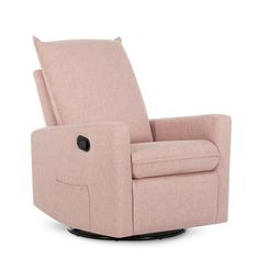 the glider recliner is shown in light pink fabric and has a black button on the arm