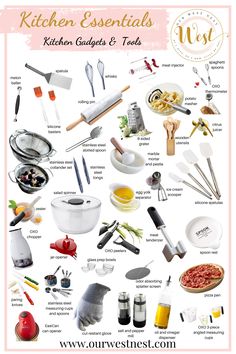 the kitchen essentials poster is shown with all kinds of utensils and ingredients