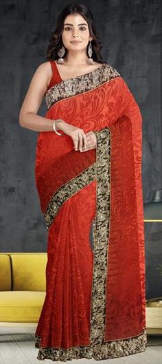 Red and Maroon color Saree in Brasso fabric with Border work Red Dupatta With Resham Embroidery For Formal Events, Elegant Red Embroidered Saree, Red Traditional Wear With Dupatta For Formal Occasions, Red Saree With Motifs For Party, Formal Red Dupatta With Cutdana Detail, Formal Red Dupatta With Cutdana, Red Formal Dupatta With Traditional Drape, Formal Red Art Silk Saree, Formal Red Saree With Pallu Detail