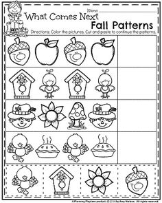 the worksheet for what comes next fall patterns is shown in black and white