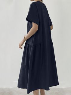 Leisure Solid Ruched Short Sleeve Round Neck Maxi Dress Casual Summer Maxi Dress With Pleated Hem, Casual Ruffle Hem Dress With Relaxed Fit, Casual Dresses With Ruffle Hem And Relaxed Fit, Casual Summer Midi Dress With Pleated Hem, Summer Casual Midi Dress With Pleated Hem, Solid Color Pleated Relaxed Fit Dresses, Casual Smock Dress With Relaxed Fit, Casual Cotton Ruched Maxi Dress, Casual Spring Maxi Dress With Pleated Hem