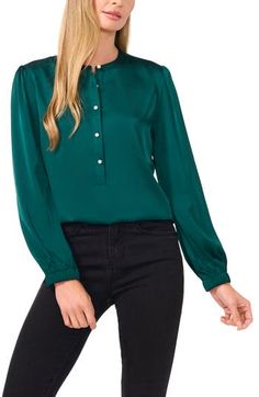 Opalescent pearly buttons elevate this career-driven top crafted from glossy satin. 25" length Front button closure Jewel neck Long sleeves with smocked cuffs 100% polyester Machine wash, tumble dry Imported Top Crafts, Dark Forest Green, Satin Blouse, Satin Top, Jewel Neck, Dark Forest, Forest Green, Womens Clothing Tops, Women Long Sleeve