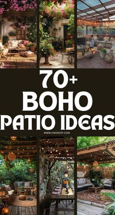 the words 70 boho patio ideas are shown in black and white, with images of various