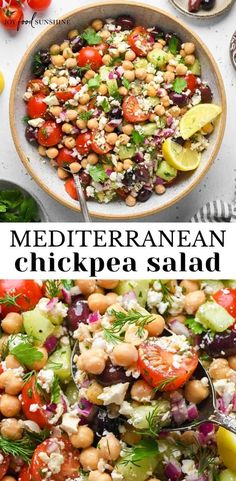 mediterranean chickpea salad with tomatoes, cucumber, olives and feta cheese