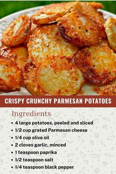 crispy crunchy parmesan potatoes recipe on a white plate with text overlay