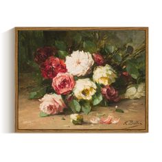 a painting of roses in a wooden frame