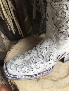 Corral Women's White Glitter Inlay Crystal Square Toe Wedding Boot A33 – Painted Cowgirl Western Store Bridal Cowboy Boots Square Toe, Wedding Cowboy Boots For Bride, Wedding Boots For Bride, Bridal Cowboy Boots, Cowgirl Boots Wedding, Western Silhouette, Womens Cowgirl Boots, Wedding Boots, Western Store