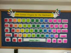 a bulletin board is decorated with colorful magnets and handprinted words on it