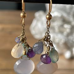 Dangle Earring- Tanzanite, Faceted Amethyst, Aqua Chalcedony, Pale Purple Chalcedony. Gold-Filled Ear Wire And Chain. Measures 1 1/2” Chip Jewelry, Cluster Jewelry, Purple Chalcedony, Baublebar Earrings, Barbie Shoes, Pale Purple, Druzy Earrings, Aqua Chalcedony, Onyx Earrings