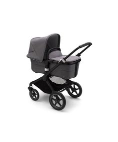 the stroller is black and grey, with a gray seat on it's side