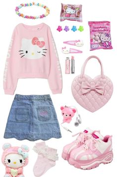 Sweet Pink Outfit, Cute Hello Kitty Outfits, Age Reggresion Outfits, Sanrio Outfit Aesthetic, Aesthetic Kawaii Outfits, Hello Kitty Outfits