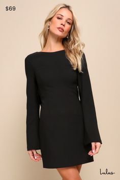 Make your debut in style with the Lulus Elegant Cutie Black Bow Long Sleeve Backless Mini Dress! This ultra-chic dress has a slightly stretchy woven composition that shapes an elegant boat neckline and a princess-seamed bodice, all framed by long, bell-style sleeves. High, fitted waist sits atop a figure-skimming bodycon skirt that ends at a mini hem. Turn around to reveal an open back design that finishes with an oversized bow detail. Hidden side zipper/clasp. Fit: This garment fits true to siz Fall Wedding Guest Dresses, Fall Wedding Outfits, Casual Wedding Guest Dresses, Cocktail Dresses With Sleeves, Black And White Tuxedo, Nye Dress, Fall Wedding Guest, Fall Wedding Guest Dress, Long Sleeve Cocktail Dress