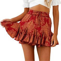 Rust Red Digital Print Pleated Mini Skirt Red Flared Skirt For Summer, Red Skirted Bottoms For Summer, Red Bohemian Relaxed Skirt, Casual Red Flared Skirt, Red Relaxed Skirt For Summer, Red Relaxed Fit Skirt For Summer, Casual Red Summer Skirt, Red High Waist Skirt For Summer, High Waist Red Skirt For Summer